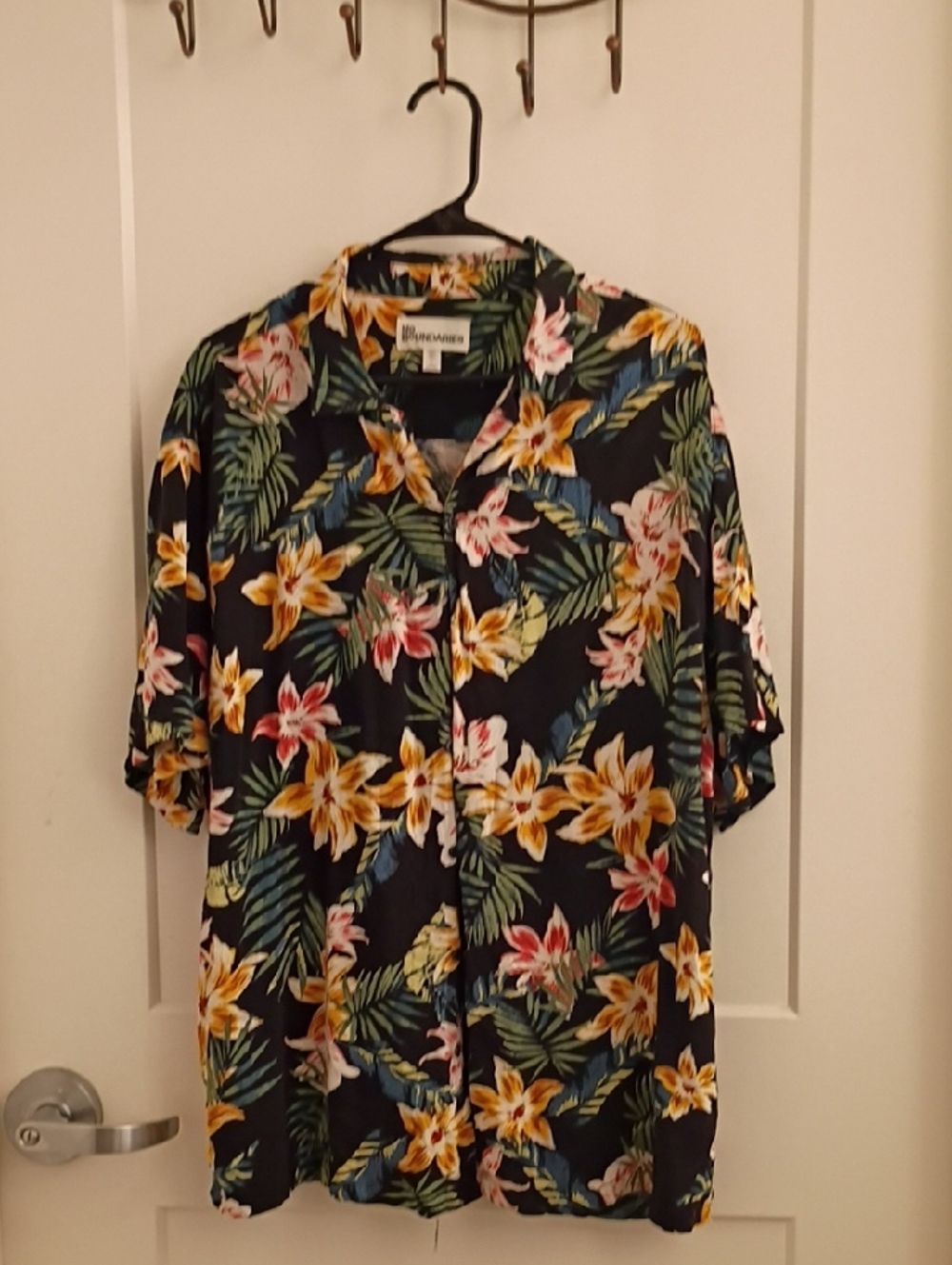 No Boundaries Black Hawaiian Shirt with Yellow, Pink & Green Floral